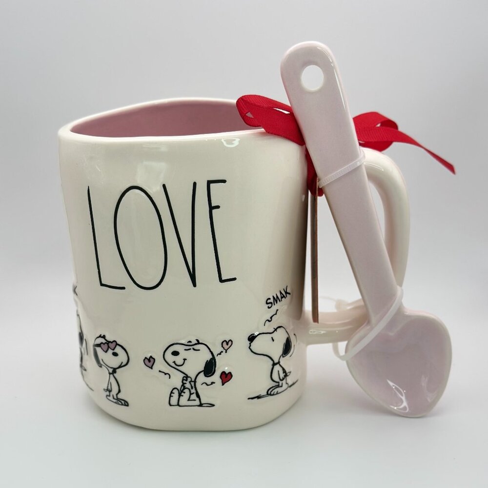Snoopy Valentine coffee mug with a heart shaped ceramic spoon by Rae Dunn